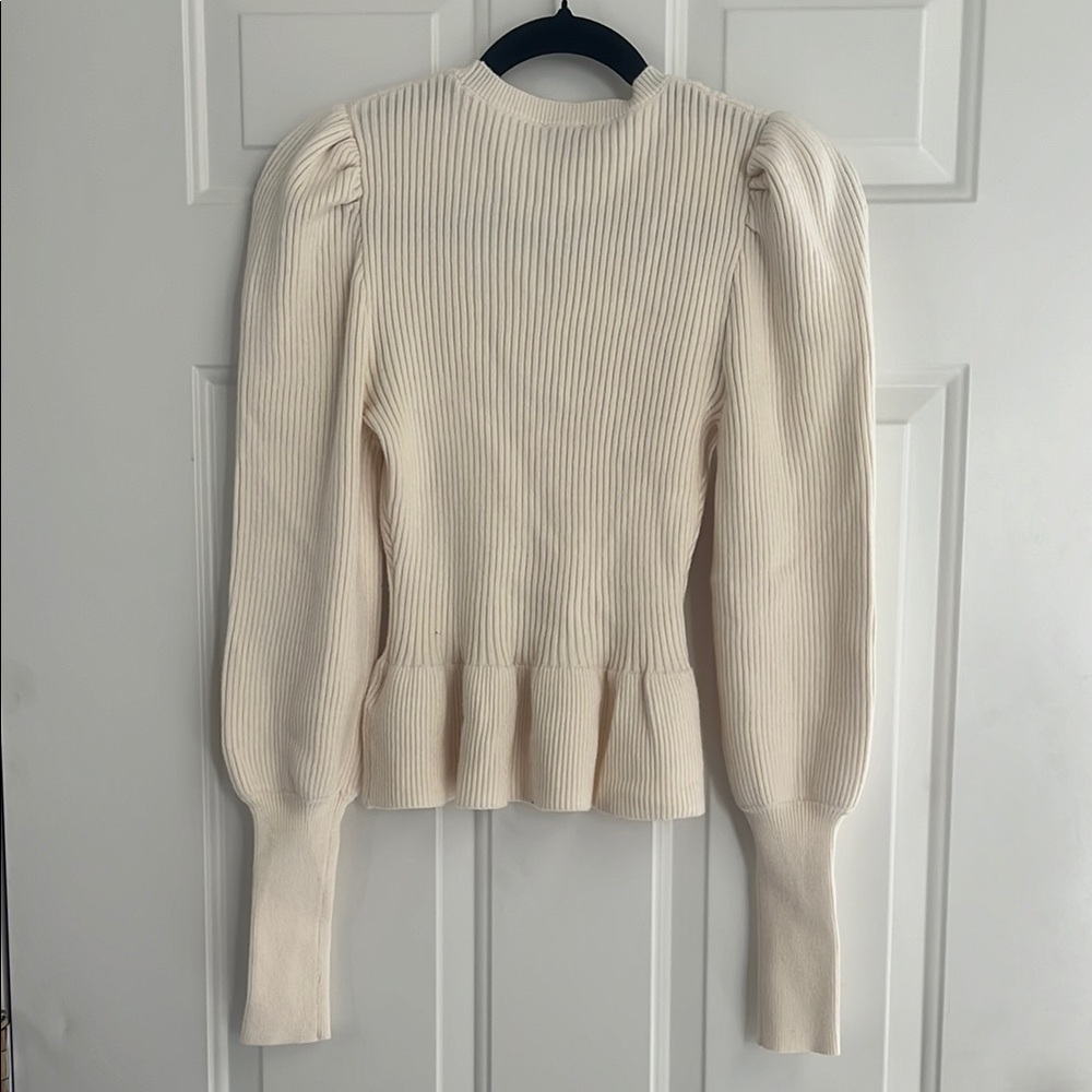 EXPRESS Cream Ribbed Crew Neck Puff Sleeves Peplum Sweater | Size S - Picture 2 of 7